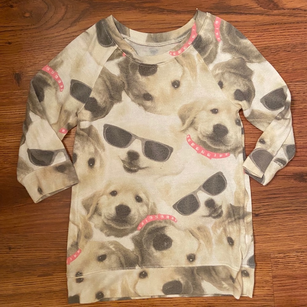 Justice cream puppy print shirt, size 6